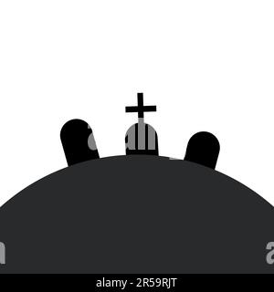 Three graves on a cemetery, a hill. Simple icon flat design illustration. Halloween object, grave with a cross. Stock Vector