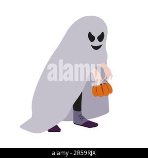 Kid with evil smiling ghost mantle, holding bags with candies. Halloween holiday character. Isolated vector illustration. Stock Vector