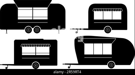Food trailers silhouette on white background vector illustration. Food trucks icons set view from side Stock Vector