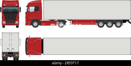 Semi trailer truck vector template with simple colors without gradients and effects. View from side, front, back, and top Stock Vector