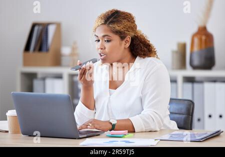 Voice note, phone and business woman talking, recording message and speaking with laptop in office. Communication, networking and female worker with Stock Photo
