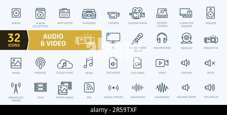 Audio Video Icons Pack. Thin line icons set. Simple vector icons Stock Vector