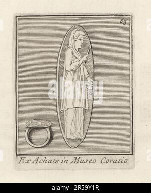 Priest of Ceres, Roman goddess of grain and agriculture, holding a torch and hook. Zerene in the Etruscan religion, Macedonian goddess Zeirene Eleusia. From an engraved agate sapphire gem in a gold ring Sacerdos Cereris ex Achate in Museo Coratio. Copperplate engraving from Francesco Valesio, Antonio Gori and Ridolfino Venuti’s Academia Etrusca, Museum Cortonense in quo Vetera Monumenta, (Etruscan Academy or Museum of Cortona), Faustus Amideus, Rome, 1750. Stock Photo