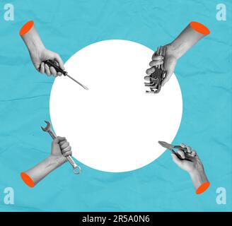 Art collage of hands with tools on a surreal background. Concept of technical support, warranty service, and repair. Stock Photo