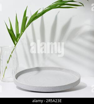 Gray empty decorative plate and glass vase with green palm leaf on white background, product and cosmetic display stage Stock Photo