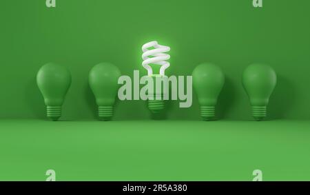 Light bulb chosen and turned on among several light bulbs turned off . Stock Photo