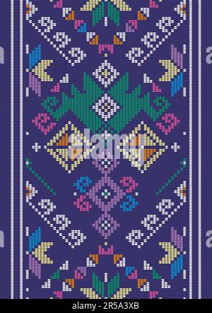 Yakan cloth inspired vector seamless pattern, long vertical folk art textile or fabric print design from Philippines with geometric shapes on purple Stock Vector