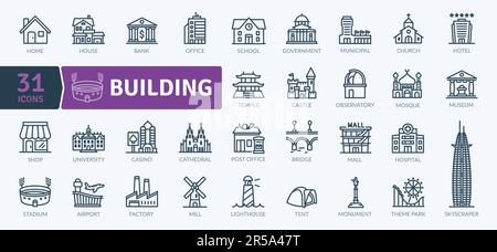 Building Icons Pack. Thin line architecture icons set. Simple vector icons Stock Vector