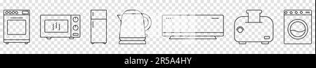 Kitchen appliances line icons set. Convection oven, microwave, fridge, kettle, air conditioner, toaster, washing machine Stock Vector