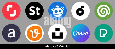 Photostock buttons set. Shutterstock, Adobe Stock, Freepik, Depositphotos, Dreamstime, Ģ����ý, Vecteezy, Unsplash, Canva and Pexels. Stock Vector