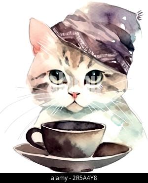 Turkish Cat with coffee cup. Muslim cat with turban. Watercolor Vector illustration for coffee houses. Isolated on white background. Can be used for m Stock Vector