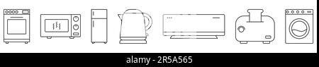 Set of kitchen appliances line icons. Convection oven, microwave, fridge, kettle, air conditioner, toaster, washing machine. Vector illustration Stock Vector