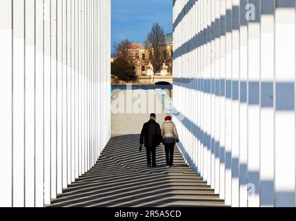 avenue of the Gates of Heaven, modern cloister in the Bauhaus style, Floating Meadow, Germany, Mecklenburg-Western Pomerania, Schwerin Stock Photo