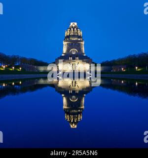 illuminated Monument to the Battle of the Nations in the evening, Germany, Saxony, Leipzig Stock Photo