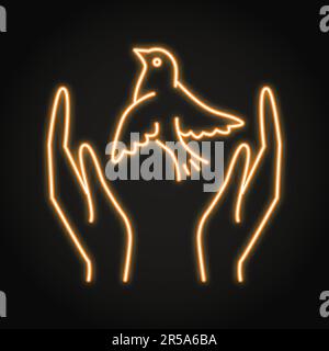 Hands holding bird neon icon. Dove of peace symbol. Hand releasing pigeon. Vector illustration. Stock Vector