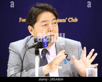 Tokyo, Japan. 2nd June, 2023. Japanese Foreign Minister Yoshimasa Hayashi speaks at the Foreign Correspondents' Club of Japan in Tokyo after the G7 foreign ministers and summit meeting on Friday, June 2, 2023. (photo by Yoshio Tsunoda/AFLO) Stock Photo