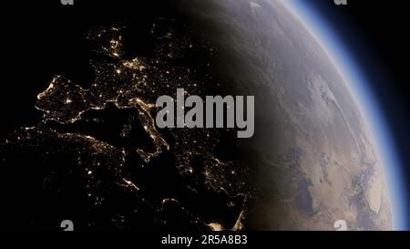 Realistic earth view of Europe the line of the day and night. Stock Photo