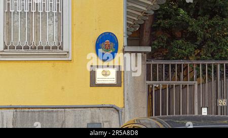 Belgrade, Serbia - October 5, 2020: Republic of Bulgaria embassy building coat of arms sign plaque. Stock Photo
