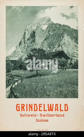 Grindelwald - Vintage Switzerland Travel Poster - feat a vintage photo (1930s) Unknown photographer. Stock Photo