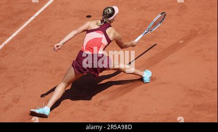 Paris, France. 02nd June, 2023. Belgian Elise Mertens (WTA28) pictured in action during a tennis match against US Pegula (WTA3), in the third round of the women's singles at the Roland Garros French Open tennis tournament in Paris, France, . BELGA PHOTO BENOIT DOPPAGNE Credit: Belga News Agency/Alamy Live News Stock Photo