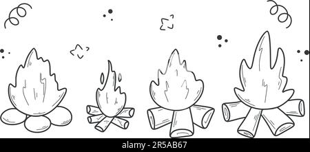 Hand drawn campfire set. Bonfire camping, ink doodle sketch style. Burning fire with firewood, vector illustration Stock Vector