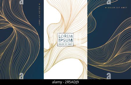Set of vector design elements labels, frames, wedding invitations, social net stories, packaging, luxury products, perfume, soap, wine. Line golden Stock Vector