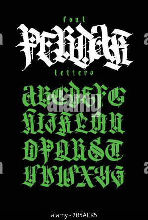 Gothic. Vector. Uppercase letters on a dark background. Beautiful and stylish calligraphy. Elegant European typeface for tattoo and design. Medieval G Stock Vector