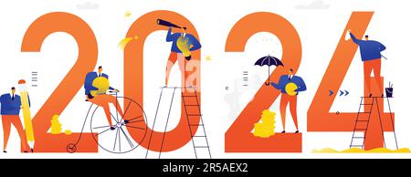 Illustrations of the new 2024. Meeting the new year. Vector. Business people achieve their goals and make a career. Search for ideas. Solving tasks an Stock Vector