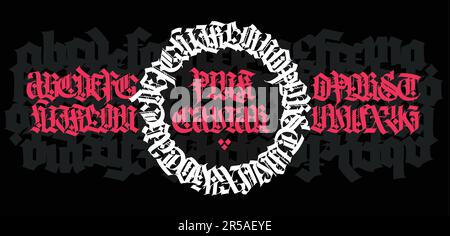 Gothic. Vector. Uppercase letters on a dark background. Beautiful and stylish calligraphy. Elegant European typeface for tattoo and design. Medieval G Stock Vector