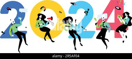 Illustration inscription 2024 New Year in the office. Vector illustration. Employees around the inscription. Image is isolated on white background. PR Stock Vector
