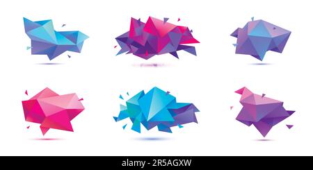 Vector set of abstract facet 3d shapes, geometric banners. Low poly triangle posters, polygon modern concept backgrounds. Stock Vector