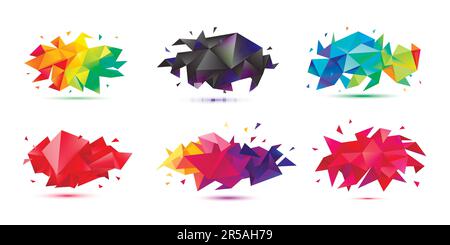 Vector set of abstract facet 3d shapes, geometric banners. Low poly triangle posters, polygon modern concept backgrounds. Stock Vector