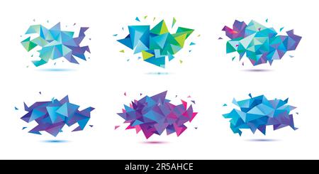Vector set of abstract facet 3d shapes, geometric banners. Low poly triangle posters, polygon modern concept backgrounds. Stock Vector