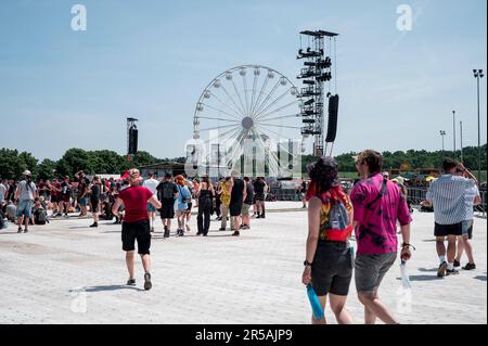 Nuremberg, Germany. 02nd June, 2023. Visitors walk to the Utopia Stage at the beginning of the open-air festival Rock im Park on the festival grounds. Credit: Daniel Vogl/dpa/Alamy Live News Stock Photo