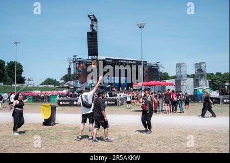 Nuremberg, Germany. 02nd June, 2023. Visitors dance in front of the Utopia Stage during the performance of the German indie pop band Blond during the open-air festival Rock im Park. Credit: Daniel Vogl/dpa/Alamy Live News Stock Photo