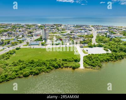 aerial view of montauk's commerical area with ocean in the background Stock Photo