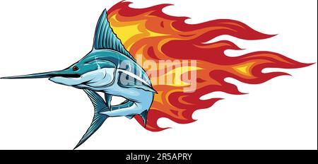 vector illustration of marlin with flames on white background Stock Vector