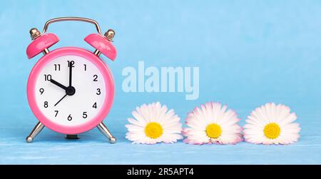 Flowers and alarm clock. Spring forward, springtime or daylight savings time banner. Stock Photo