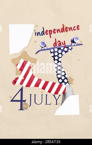 Vertical creative artwork photo collage of feet legs in rollers announcing celebration fourth of july isolated beige color background Stock Photo