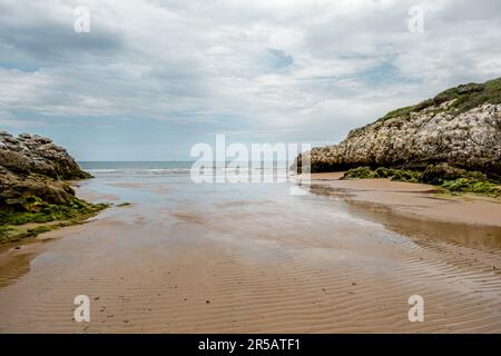 Beautiful and quiet sandy beach Playa Virgen del Mar, Costa Quebrada, Cantabria, Spain Stock Photo