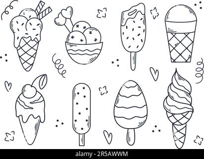 Hand drawn ice cream of different types set. Icecream cone, popsicle, sundae, bowl balls, ice lolly, chocolate dessert collection. Icecream ink doodle Stock Vector