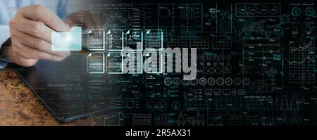 Business Analytics and Data Management System. A Man Opens a Folder Contains Files and Reports from Global Database for Finance, Operations, Sales, an Stock Photo