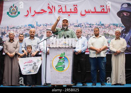 Gaza, Palestine. 02nd June, 2023. Supporters of the Palestinian group Hamas, chant slogans as they demonstrate in support of Al-Aqsa mosque compound, in Jabalia in the northern of Gaza strip on June 2, 2023. Photo by Ramez Habboub/ABACAPRESS.COM Credit: Abaca Press/Alamy Live News Stock Photo