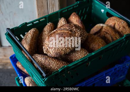 Freshly baked bread in a basket. Stock Photo