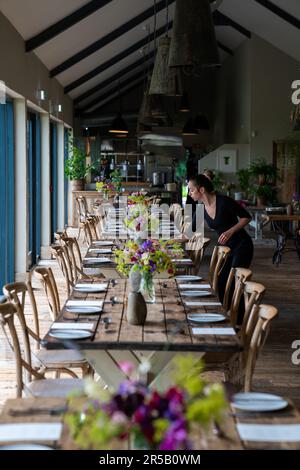 A restaurant set up for a wedding party, Kidlare, Ireland. Stock Photo