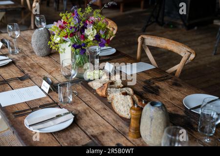 A restaurant set up for a wedding party, Kidlare, Ireland. Stock Photo