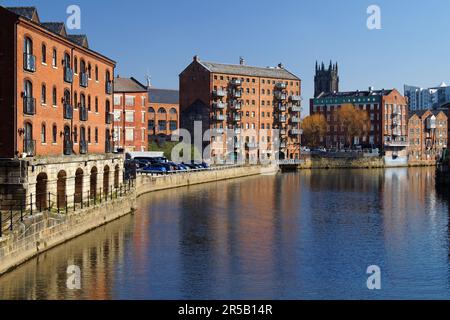 UK, West Yorkshire, Leeds, View from Leeds Bridge towards the Calls Area with Minster in background. Stock Photo