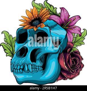 vector illustration of monkey skull with flower Stock Vector