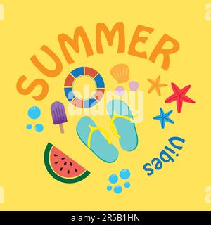 Summer banner with colored beach stuff on a white background Stock Vector
