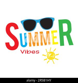 Summer banner with text, sunglasses and a yellow sun on a white background Stock Vector